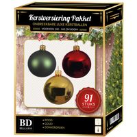 Kerstbal en piek set 91x goud-donkergroen-rood voor 150 cm boom - thumbnail