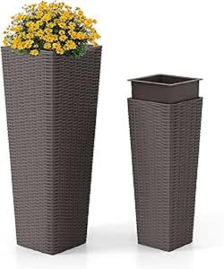 Rotan Grote Plantenbak Set van 2 Grote Stapelbare Plantenbakken met Uitneembare Binnenbak en Drainagegat