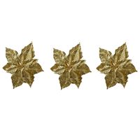 6x stuks decoratie bloemen kerstster goud glitter op clip 23 cm - Kunstbloemen - thumbnail
