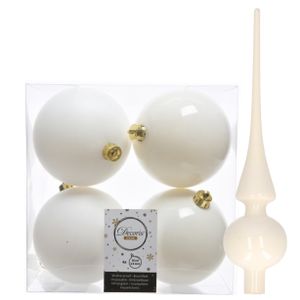 Set van 8x stuks kunststof kerstballen 10 cm en glazen piek wol wit