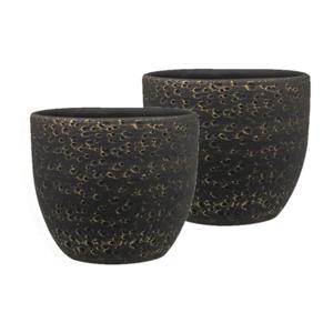 Plantenpot/Bloempot Lava Stone - Set van 2x stuks - zwart - D15 x H13 cm - binnen