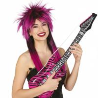 Rockster set - opblaas gitaar - roze zebra print - pruik dames - carnaval