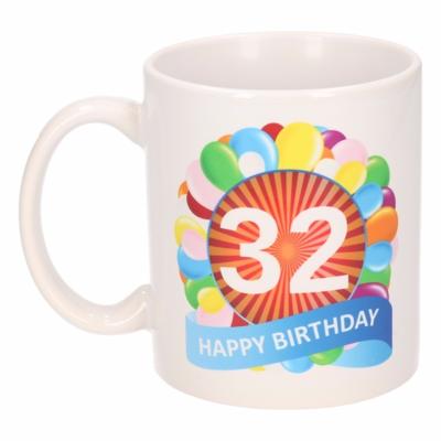32 jaar Verjaardag koffiemok - cadeau beker - feestelijke ballonnen print - 300 ml - keramiek - wit