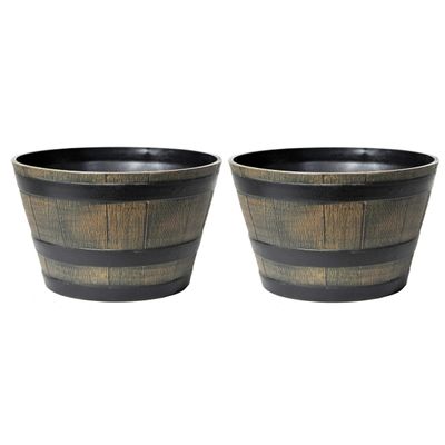 Plantenpot/bloempot - 2x - kunststof - bruin - houtmotief - D33 x H21 cm Plantenpot/bloempot - 2x - kunststof - bruin - houtmotief - D33 x H21 cm