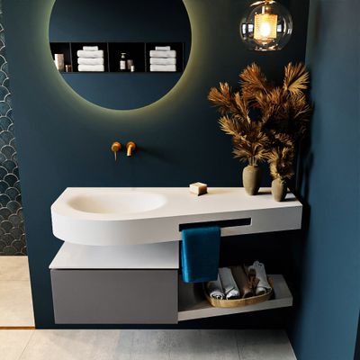 MONDIAZ RIVA 120cm badmeubel onderkast / planchet kleur Dark_Grey met 1 lade. Wastafel DULCET links 0 kraangaten kleur Talc. MONDIAZ RIVA 120cm badmeubel onderkast / planchet kleur Dark_Grey met 1 lade. Wastafel DULCET links 0 kraangaten kleur Talc.