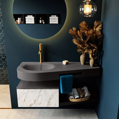 MONDIAZ RIVA 120cm badmeubel onderkast / planchet kleur carrara met 1 lade. Wastafel DULCET links 1 kraangat kleur Dark_Grey. MONDIAZ RIVA 120cm badmeubel onderkast / planchet kleur carrara met 1 lade. Wastafel DULCET links 1 kraangat kleur Dark_Grey.
