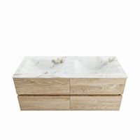 MONDIAZ VICA-DLUX 120cm badmeubel onderkast Washed Oak 4 lades. Inbouw wastafel CLOUD dubbel 2 kraangaten, kleur Frappe.