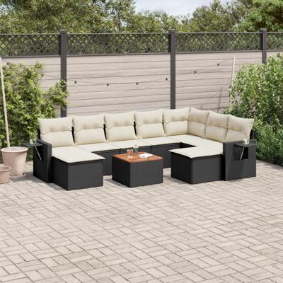 10-delige Loungeset met kussens poly rattan zwart