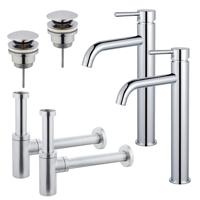 Fortifura Calvi Wastafelkraanset - voor dubbele wastafel - verhoogde wastafelkraan - klikwaste plug - design sifon - Chroom 2x SW377811/2x SW696203/2x SW696214
