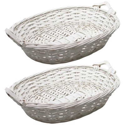 Broodmand ovaal - 2x - wit - 43 x 33 x 9 cm - mandje rotan/riet
