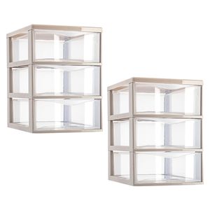 Ladeblokje/bureau organizer - 2x stuks - 3 lades - transparant/beige - L18 x B25 x H25 cm - plastic