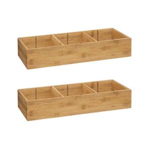 Lade/kast/badkamer organizer - 2x - 3 vaks - L38 x B15 x H7 cm - bamboe hout - lichtbruin - met inde