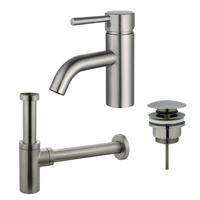 Fortifura Calvi Wastafelkraanset - lage wastafelkraan - klikwaste plug - design sifon - Geborsteld RVS PVD (RVS) SW377856/SW696201/SW696212