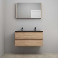 On-Line Badkamermeubelset - 100 cm - Voorgemonteerd - Ladestructuur - Acryl Wastafel - 2 Kraangaten - Spiegelkast - Eiken