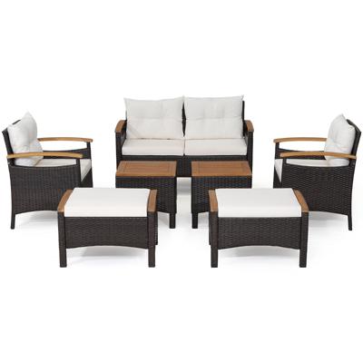 7-Delige Rotan Tuinset PE Buitenmeubelset met 1 Loveseat 2 Fauteuils 2 Poefs 2 Salontafels Acaciahouten Blad Kussens voor Patio Binnenplaats