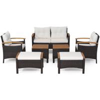 7-Delige Rotan Tuinset PE Buitenmeubelset met 1 Loveseat 2 Fauteuils 2 Poefs 2 Salontafels Acaciahouten Blad Kussens voor Patio Binnenplaats