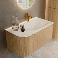 Badmeubel Mondiaz Kurve-Dlux | 85 cm | Meubelkleur Oak | Wastafelkleur Ostra | Solid surface | Rechts spoelbak | 1 kraangat