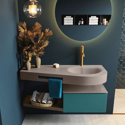 MONDIAZ RIVA 120cm badmeubel onderkast / planchet kleur Smag met 1 lade. Wastafel DULCET rechts 1 kraangat kleur Smoke. MONDIAZ RIVA 120cm badmeubel onderkast / planchet kleur Smag met 1 lade. Wastafel DULCET rechts 1 kraangat kleur Smoke.