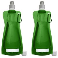 Waterfles/drinkfles opvouwbaar - 2x - groen - kunststof - 420 ml - schroefdop - karabijnhaak