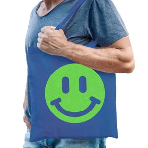 Cadeau tas voor heren - glitter smiley - blauw - katoen - 42 x 38 cm - Vaderdag - verjaardag