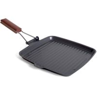 Zwarte grillpan koekenpan 26 cm met anti-aanbak laag en houten handvat - thumbnail