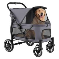 Hondenbuggy met Terreinbanden Laag Instapontwerp Verstelbare Zonnekap van Gaas Opbergvak en Veiligheidsharnas-Grijs