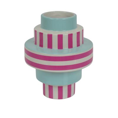 Vaas - Streep - Keramiek - Groen/Roze - 14,5x14,5x18cm