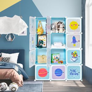 Kledingkast voor Kinderen Babykledingkast met 2 Hanggedeeltes & 12 Kubussen Leuke Cartoon Ladekast voor Kinderkamer Speelkamer