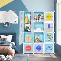 Kledingkast voor Kinderen Babykledingkast met 2 Hanggedeeltes & 12 Kubussen Leuke Cartoon Ladekast voor Kinderkamer Speelkamer