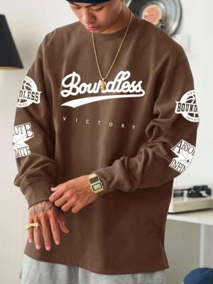 Men's Letter Print Sweatshirt - Dark Green Loose Fit Casual Top Brown / XL
