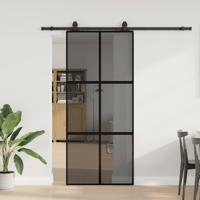 Schuifdeur met beslagset 90x205 cm gehard glas zwart