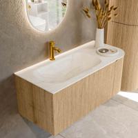 Badmeubel Mondiaz Kurve-Dlux | 105 cm | Meubelkleur Oak | Wastafelkleur Ostra | Solid surface | Links spoelbak | 1 kraangat