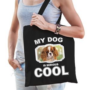 Katoenen tasje my dog is serious cool zwart - Charles spaniel honden cadeau tas