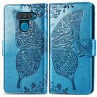 Butterfly Love bloemen reliëf horizontale Flip lederen case voor LG q60 met houder & kaartsleuven & portemonnee & Lanyard (blauw)