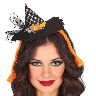 Halloween heksenhoed - mini hoedje op diadeem - one size - zwart/oranje - meisjes/dames