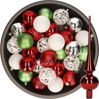 37x stuks kunststof kerstballen 6 cm incl. glazen piek wit-rood-zilver-groen