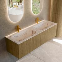 Badmeubel Mondiaz Kurve-Dlux | 150 cm | Meubelkleur Dusk | Wastafelkleur Nata | Solid surface | Wasbak beide zijden spoelbak | 2 kraangaten