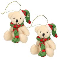 2x Kersthangers knuffelbeertjes wit met gekleurde sjaal en muts 7 cm - Kersthangers