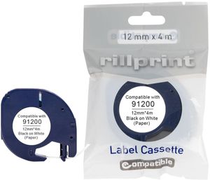 Rillprint compatible LetraTAG tape voor Dymo 91200, 12 mm, papier, wit