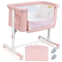 3-in-1 Baby Wiegje met 5-Standen Verstelbare Hoogte 10° Kanteling Comfortabel Matras Ademend Gaas Zij Opbergzak & Reistas Roze