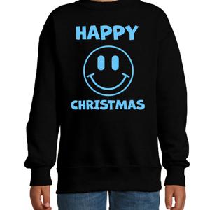 Kersttrui/sweater voor jongens/meisjes - Happy Christmas - zwart - Smile Emoticon - glitter blauw