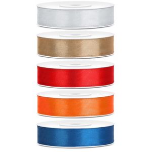 5x rollen satijnlint zilver-goud-rood-oranje-blauw 1,2 cm x 25 meter