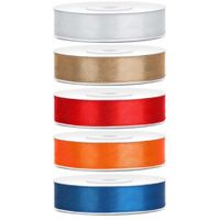 5x rollen satijnlint zilver-goud-rood-oranje-blauw 1,2 cm x 25 meter