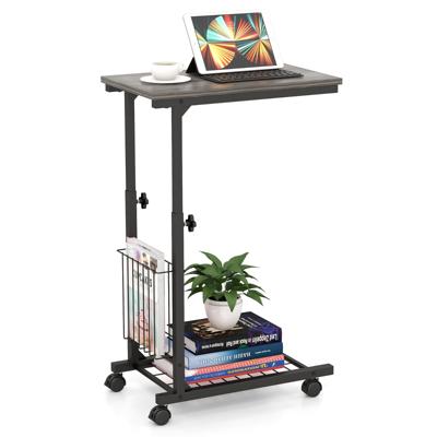Bijzettafel met Wieltjes Laptoptafel in Hoogte Verstelbaar met Opbergmand Banktafel Bedtafel Metalen Frame Grijs