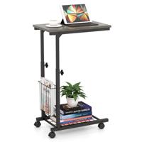 Bijzettafel met Wieltjes Laptoptafel in Hoogte Verstelbaar met Opbergmand Banktafel Bedtafel Metalen Frame Grijs