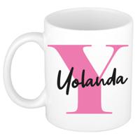 Naam mok Yolanda - roze - wit - keramiek - 300 ml - verjaardag/cadeau beker