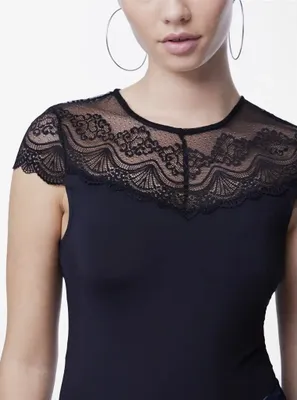 Kanten body - Sinna Bodystocking - kanten body korte mouw zwart - hoge hals