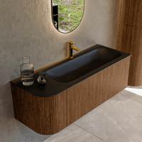 Mondiaz KURVE 125 cm Onderkast Greeploos 1 Lade Met Deuren Walnut, Wastafel Solid Surface Rechts Urban 1 Kraangat Zonder Spiegel (KRVBGM125L1L1D1KR-Wal/Urb)