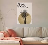Boom met vogels en zon woonkamer poster
