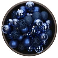 37x stuks kunststof kerstballen kobalt blauw 6 cm glans/mat/glitter mix - thumbnail